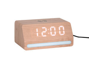 Retro vækkeur i træfiner med LED-display "12:00", lysstribe under display og symbol på toppen.