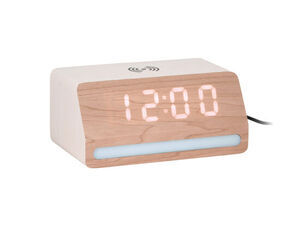 Retro vækkeur med trælook, LED-tid "12:00" og lysstribe nedenunder. Modern og stilren design.