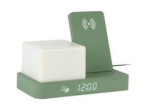 Junglegrøn retro vækkeur med LED-lys og skærm, der viser "12:00". Minimalistisk design.