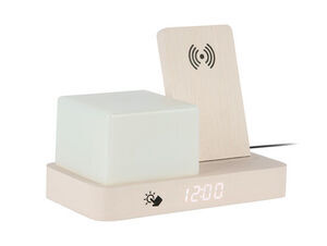 Alarmur med digitalt display "12:00", kvadratisk lysenhed og trådløs opladningssymbol.