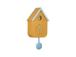 Vægur i husform, mango gul med bløde blå detaljer, fugl i åbning øverst, pendul forneden.