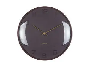 Vægur med kuppelformet glas, jordbrun farve, prægede tal og guldfarvede visere.