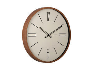 Sandbrun vægur med sorte markeringer, tal ved 12, 3, 6, 9. Modern skrifttype på lys urskive.