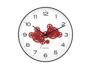 Vægur med hvid skive, sorte tal og visere; røde tandhjul i midten, sort ramme.