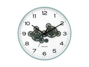 Vægur med synlige grønne tandhjul, sorte visere og tal på hvid urskive, blå urkasse med rillet kant.