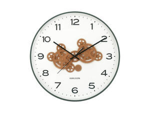 Vægur med synlige okkergule tandhjul, hvid urskive, sorte tal og visere, junglegøn kant.