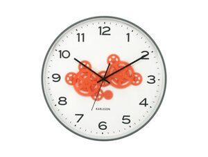 Karlsson vægur med orange gear, sorte tal og visere på lys baggrund, grå kant.