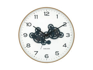 Vægur fra Karlsson med hvid urskive, sorte tal, mørkeblå tandhjul og okkergul rund ramme.