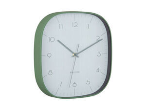 Kvadratisk vægur med hvid skive, sorte tal og grønt urhus.