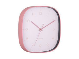 Vægur med blød pink ramme, lys urskive, enkle timemarkeringer og slanke visere, kvadratisk form.