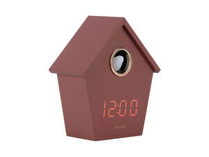 Alarmur i burgundy rød, formet som et kukkeur, med LED-skærm der viser "12:00".