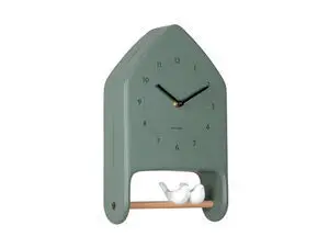 Vægur i husform, junglegrøn urskive, sorte visere, to hvide fugle på træpind nederst.