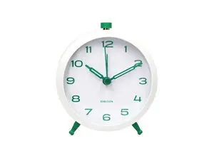 Hvid urskive med grønne tal og visere, grønt topknap og to grønne ben til støtte.