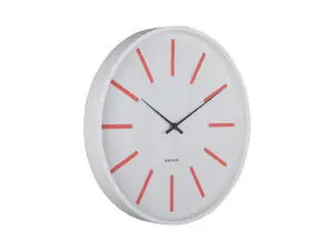 Vægur med hvid skive, skarlagenrøde markører og sorte visere.