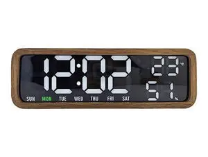 Digital ur i mørkt træ med tid, dag, temperatur 28°C og fugtighed 51%. Mandag markeret.