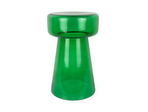 Glat, skinnende grønt sidebord med bred top og smal bund.