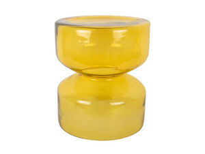 Gul sidebord i timeglasform, blank finish, moderne design, to afrundede sektioner.