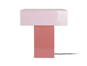 Rektangulær lampe med blød pink top, rose tan base og sort ledning, minimalistisk design.