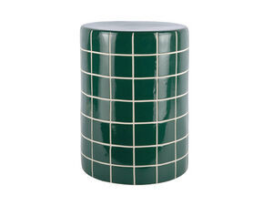 Cylindrisk sidebord med skinnende grøn finish og fliselignende gittermønster.