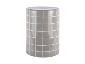 Cylindrisk sidebord med glat, blank fliseoverflade i kølig grå. Gittermønster skaber retro-look.
