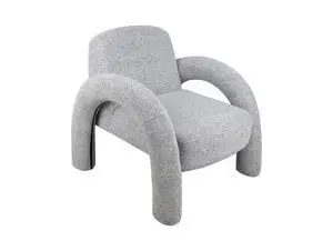 Grå stol med buede armlæn og ben, polstret sæde og ryg, meleret tekstur. Moderne design.