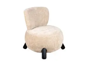 Stol med rund, sandbrun polstring, korte sorte ben og matchende ryglæn.