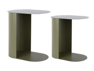To moderne sideborde i forskellig højde med oval bordplade og buet grøn base.