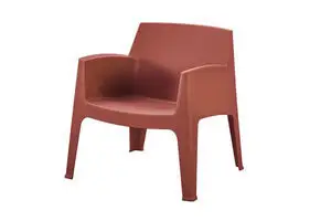 Moderne, minimalistisk lounge stol i jernrød med integrerede armlæn og let flarede ben.