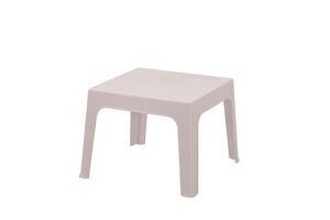 Kvadratisk bord med glatte kanter, skrånende ben og minimalistisk design i varm grå farve.