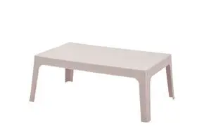 Rektangulært sofabord i varm grå med fire skråtstillede ben og minimalistisk design.