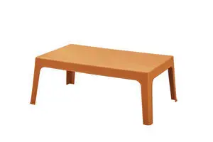 Rektangulær okkergul kaffebord med flade kanter og let buede ben.