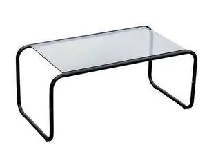 Minimalistisk sofabord med gennemsigtig bordplade og sort, buet stel.
