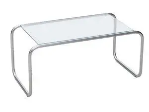 Rektangulært sofabord med klart glasbordplade og kromben i kontinuerligt buet design.