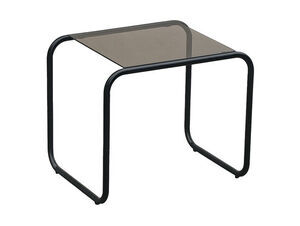 Sort sidebord med glasplade og buet metalstel i rektangulær form.