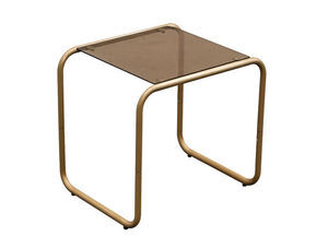 Moderne sidebord med brunlig glasplade og buede, metalliske ben i et loop-design.