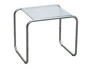 Minimalistisk sidebord med klar bordplade og krombøjleben. Skinnende metallisk finish.