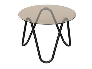 Rundt bord med gennemsigtig plade og sorte buede rørben i krydsmønster, moderne design.