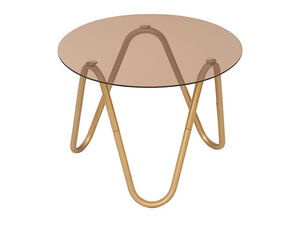 Rundt sidebord med gennemsigtig mocha brun plade og buede, loopede ben i kontrast.