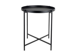 Sort sidebord med rund kantet bordplade og fire slanke ben med krydsstøtte. Moderne design.