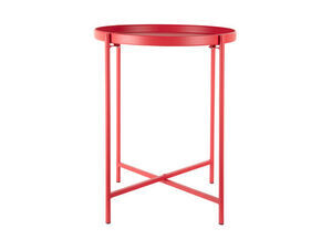 Rundt sidebord i lys rød med slanke ben og krydsstiver, moderne design.