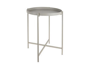 Rundt sidebord med hævet kant, fire ben og varm grå farve.