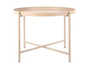 Rundt sofabord i blød brun, minimalistisk design med slanke ben og krydsstang for stabilitet.