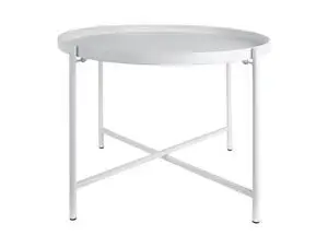 Rundt hvidt sofabord med fire ben, der danner et kryds under bordpladen.