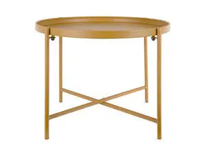 Rundt sofabord med opstående kant, okkergul farve, fire ben og krydsstøtte for stabilitet.