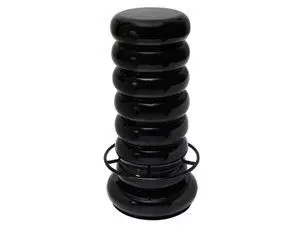 Skinnende sort barstol med stablede, afrundede segmenter og cirkulær fodstøtte.