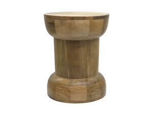 Skammel i cylindrisk form med bred top og bund, smal midte, naturlig træfarve, elegant design.