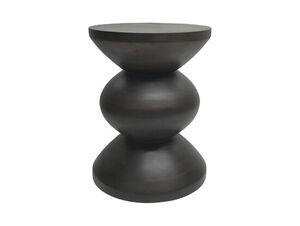 Skammel med rund top og bund, dobbeltbuet midte, skulpturel form, mørk farve.
