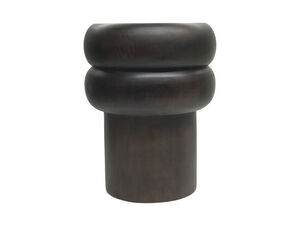 Mørk skammel med ensartet finish, cylindrisk base og rund top med to sektioner i valnøddefarvet lak.