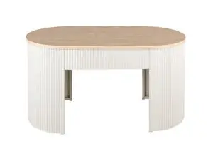 Bord/bænk med rundet rektangulær form, ribbede sider og træagtig overflade i varm grå nuance.