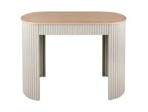 Konsolbord med afrundet rektangulær top og ribbede ben i blød varm grå.